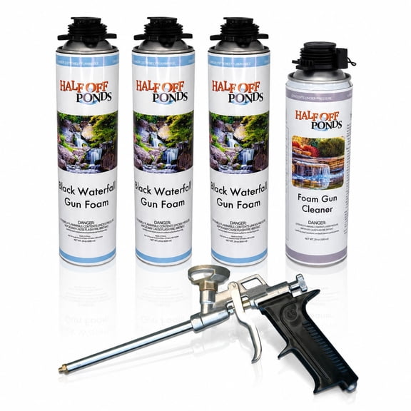 Half Off Ponds Waterfall Foam Sealant Kit, Black, (3) 24 oz Cans with Medium-Duty Foam Gun & Cleaner for Koi Ponds, Waterfalls & Rock Gaps