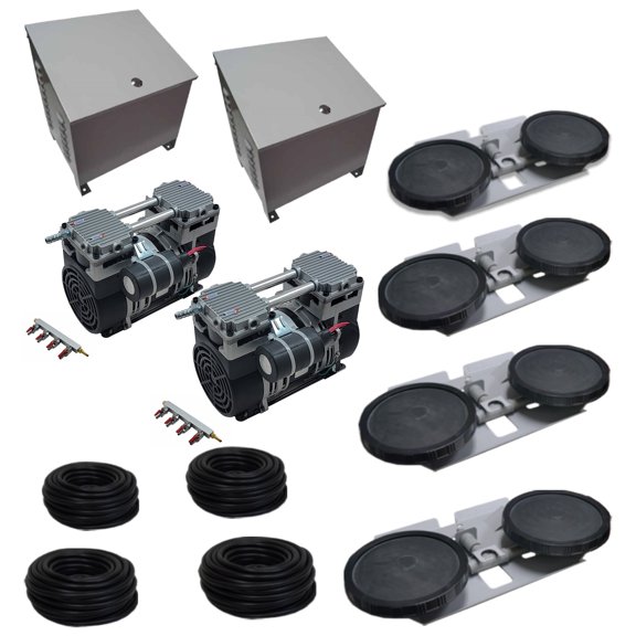 Half Off Ponds Aeration System for 4 Acre Ponds and Lakes with 4 Double Diffuser, (2) 1 HP Rocking Piston Pumps and Enclosure Cabinet