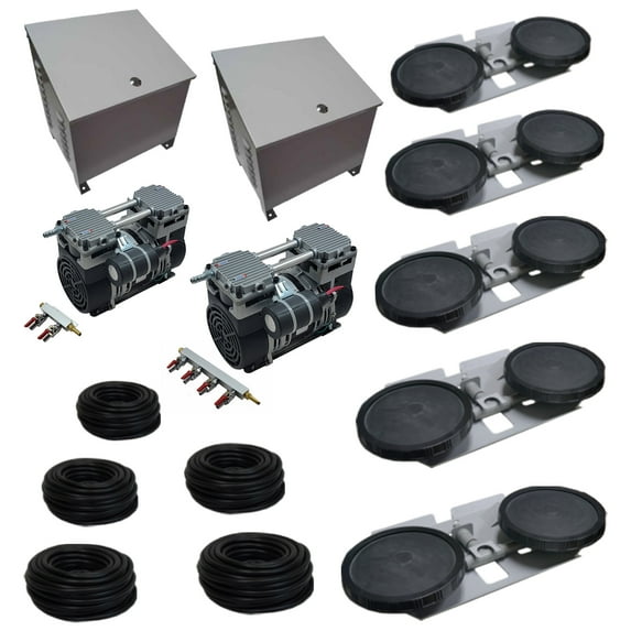 Half Off Ponds Pro Aeration System MAX with Cabinet Dual 1 HP Aerator Pumps for 6 Acres 120V Compressors 5 Double Diffusers and 500 ft Tubing