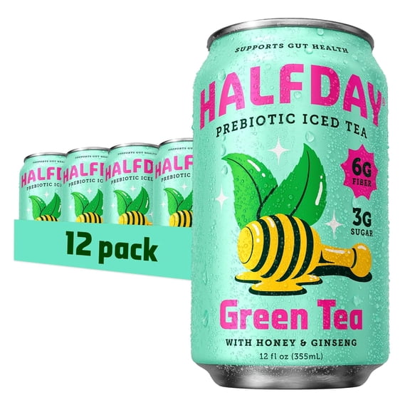 HALFDAY Prebiotic Green Tea with Honey & Ginseng 2 Fl oz (12 pack)
