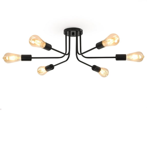 HALIGATE 6 Lights Sputnik Semi Flush Mount Ceiling Light Matte Black Modern Edison Chandelier Industrial Close to Ceiling Light for Farmhouse Dining Room Kitchen Bedroom Living Room Study