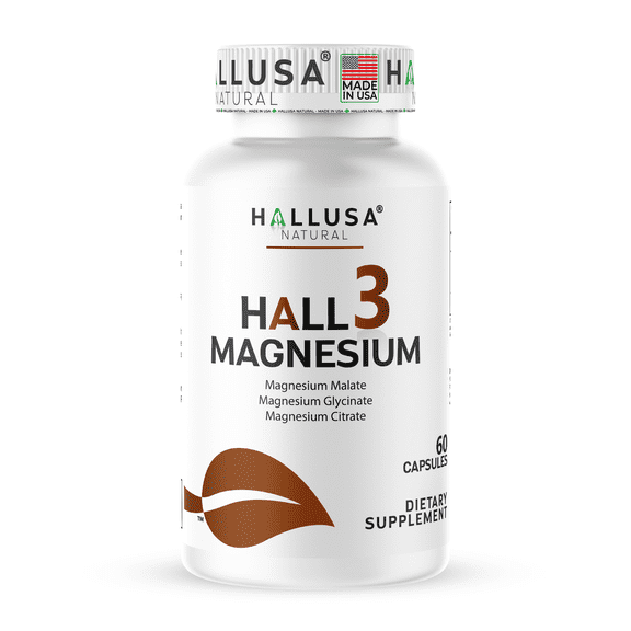 HALLUSA NATURAL Triple Blend Magnesium Complex, 135 mg, Citrate, Glycinate & Malate, 60 Capsules