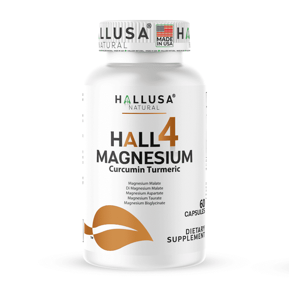 Hallusa Natural 4 Magnesium Complex + Curcumin Turmeric, Malate, Aspartate, Taurate, Bisglycinate - Energy, Muscle Function, Heart Health & Digestion - 60 capsules