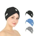thumbnail image 1 of HALLEY Cotton Hair Towel Wrap – 3 Packs Super Absorbent, Anti Frizz Fast Drying Hair Towel for Curly Long Thick Hair – Hair Turbans for Wet Hair with Button – Hair Plopping Towel (Black, Grey, Blue), 1 of 11
