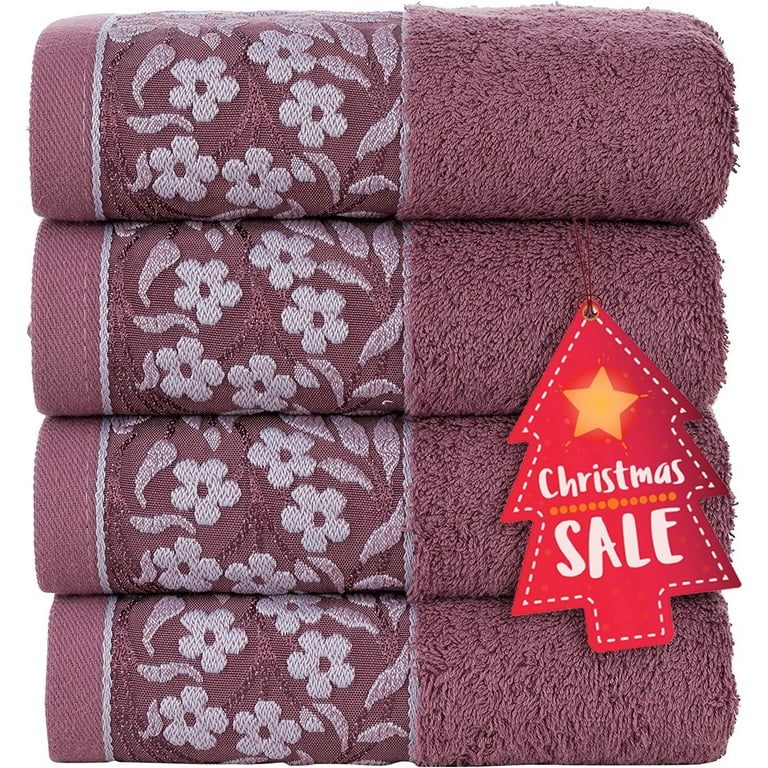 HALLEY Decorative Hand Towels Set, 4 Pack - Turkish Towel Set with Floral  Pattern, Highly Absorbent & Fade Resistant Fabric, 100% Cotton - Purple