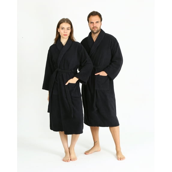 HALLEY Luxury Bathrobe for Women & Men, Shawl Collar Spa Bath Robes Terry Cotton Ultra Soft Shower Robe with Pockets - Black (L)