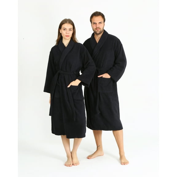 HALLEY Luxury Bathrobe for Women & Men, Shawl Collar Spa Bath Robes Terry Cotton Ultra Soft Shower Robe with Pockets - Black (S)