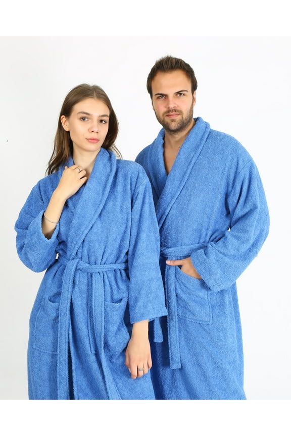 Luxury Bathrobe for Women & Men, Shawl Collar Spa Bath Robes Terry Cotton Ultra Soft Shower Robe with Pockets - Blue (S)