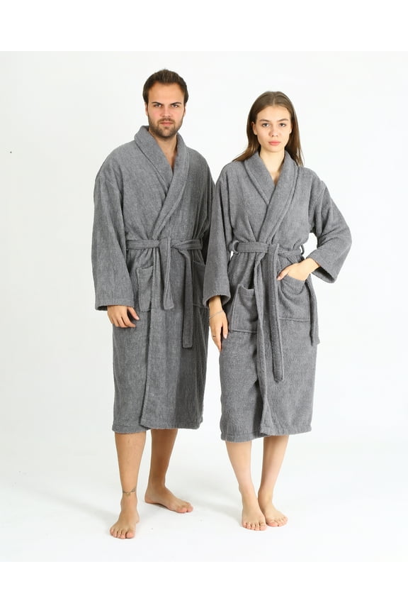 Luxury Bathrobe for Women & Men, Shawl Collar Spa Bath Robes Terry Cotton Ultra Soft Shower Robe with Pockets - Grey (L)