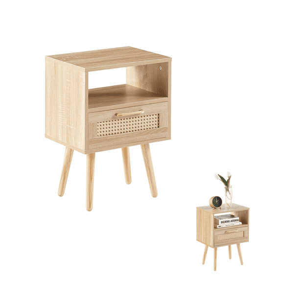HALLOHII Sturdy 22" High Natural Rectangle Rattan End Table - Home Nightstand, MDF Body, Solid Wood Legs, 120lbs Weight Capacity, 1 Pc/Ctn