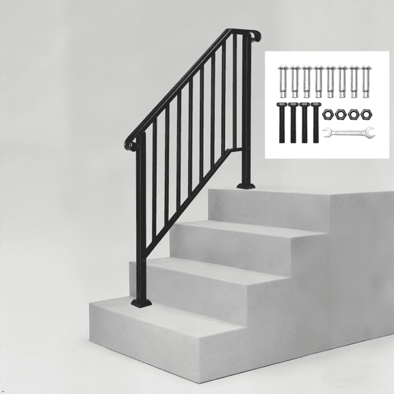 HALLOHII 4 Step Outdoor Handrail Curved Design Matte Black Galvanized Iron for 3 or 4 Steps for Residential,Garden,or Indoor Stairs