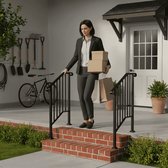 HALLOHII Outdoor 3-Step Iron Handrails Curved Design Matte Black Galvanized Iron for 2 or 3 Steps for Residential,Garden,or Indoor Stairs