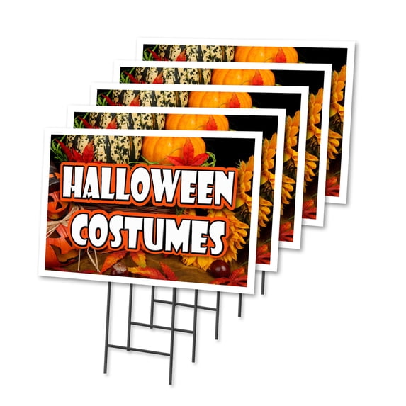 HALLOWEEN COSTUMES 5 Pack Of 12" x 16" Yard Sign & Stake outdoor plastic window | Advertise Your Business | Stake Included Image On Front Only | Made in The USA