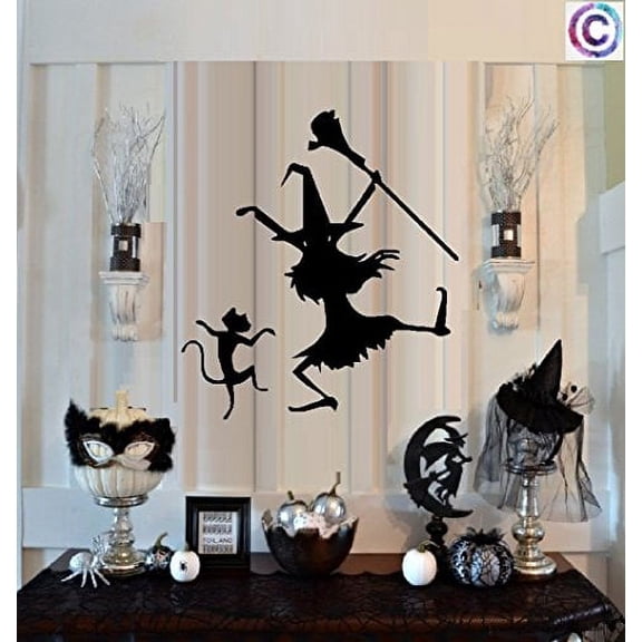 HALLOWEEN DECOR ~ DANCIN WITCH AND CAT #1 ~ HALLOWEEN: WALL OR WINDOW DECAL, 8" x 10"