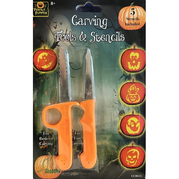 Seasons Perfect Pumpkin Carving Kit, 2 carving tools and 5 Stencils (colors varies)