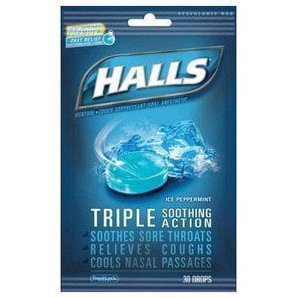 Halls Triple Soothing Action Cough Drops, Ice Peppermint, 30 Ct (5 pack