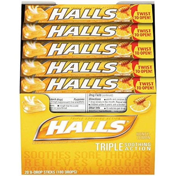 HALLS Cough Drops, (Honey-Lemon, 9 Drops, 20-Pack)