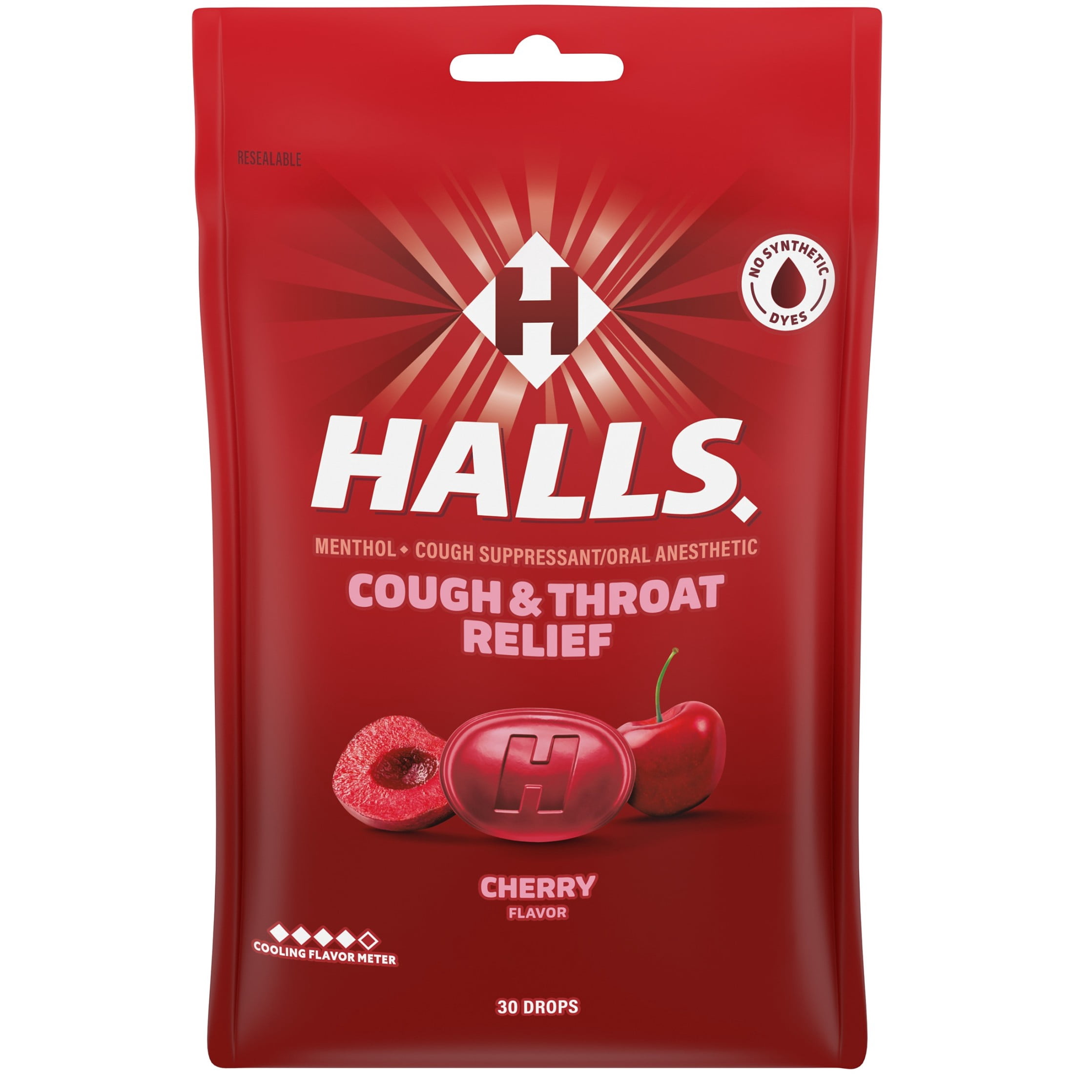 HALLS Cough and Throat Relief Cherry Cough Drops, No Synthetic Dyes, FSA/HSA Eligible, 30 Drops