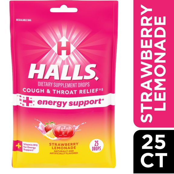 HALLS Cough and Throat Relief Plus Energy Support, Strawberry Lemonade Cough Drops, 25 Drops