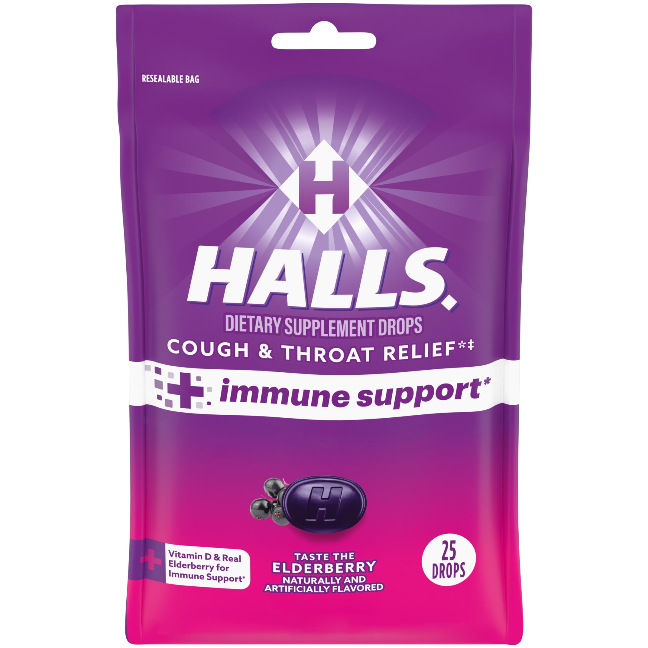 HALLS Cough and Throat Relief + Immune Support, Elderberry Cough Drops, 25 Drops