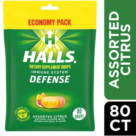 HALLS Defense Assorted Citrus Vitamin C Drops, Economy Pack, 80 Drops