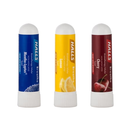 Sparoom HALLS Essential Oil Aromatherapy Inhaler (Menthol, Lemon, Cherry) - Assorted Pack of 3 for Relief