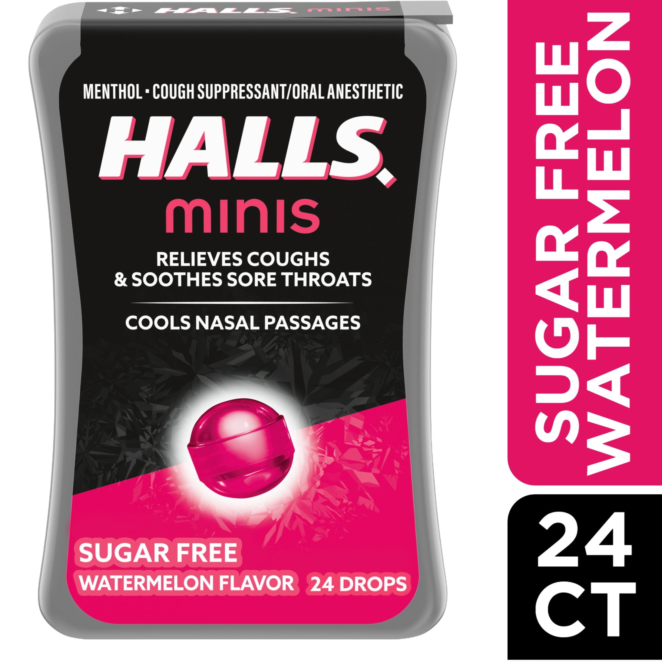 HALLS Minis Watermelon Flavor Sugar Free Cough Drops, 24 Drops