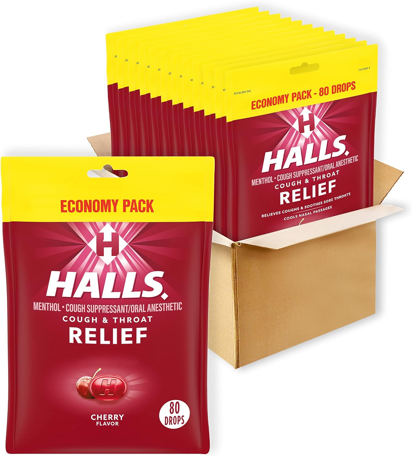 HALLS Relief Cherry Cough Drops, Economy Pack, 12 Packs of 80 Drops