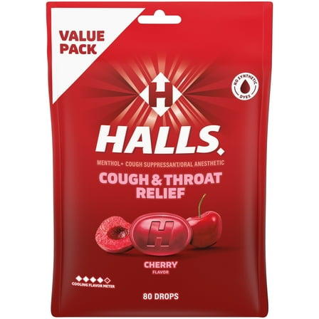 HALLS Cough and Throat Relief Cherry Cough Drops, Value Pack, 80 Drops