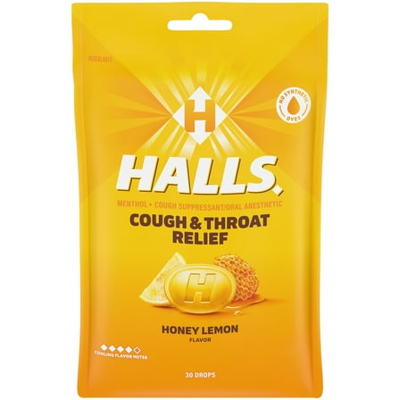 HALLS Cough and Throat Relief Honey Lemon Cough Drops, 30 Drops
