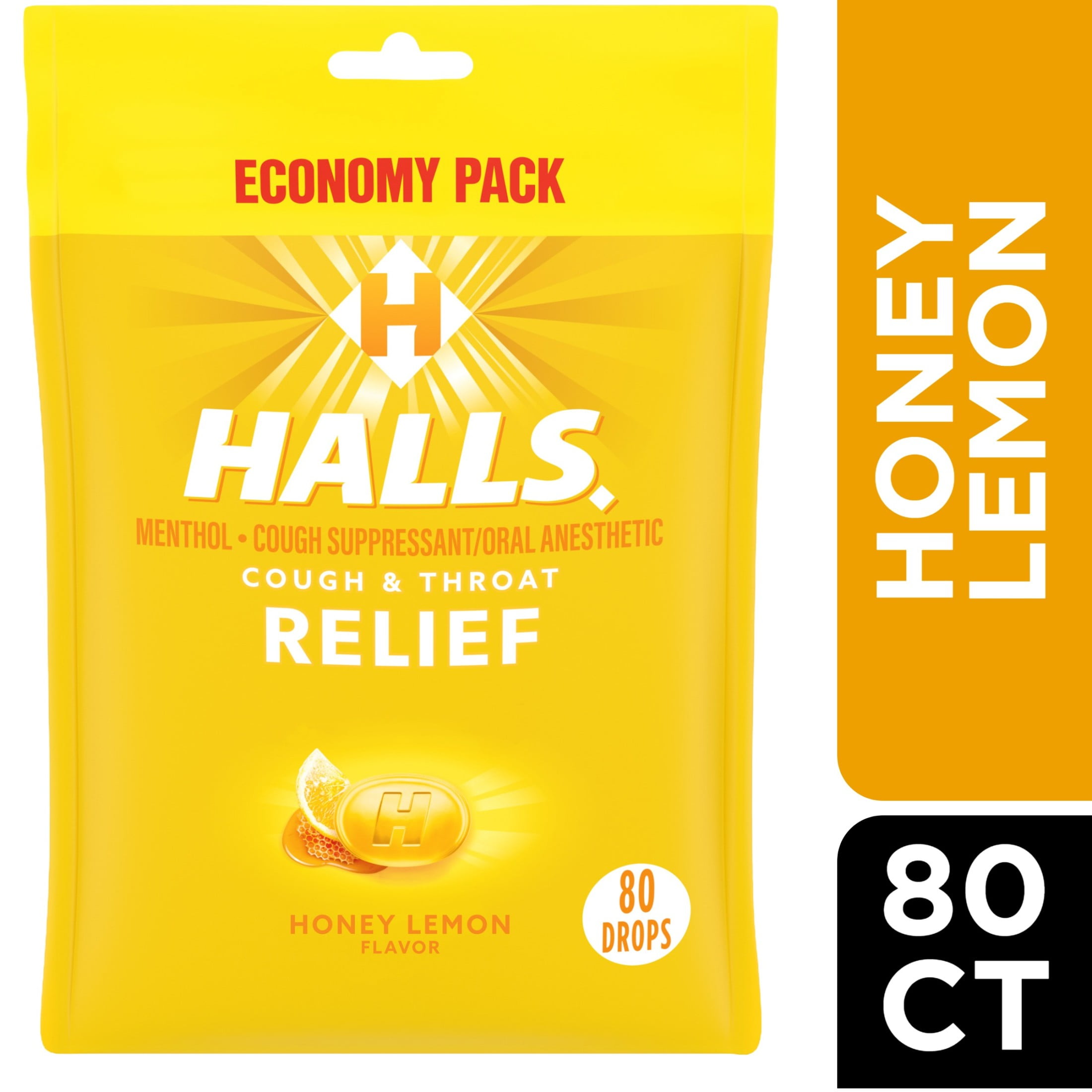 HALLS Relief Honey Lemon Cough Drops, Economy Pack, 80 Drops