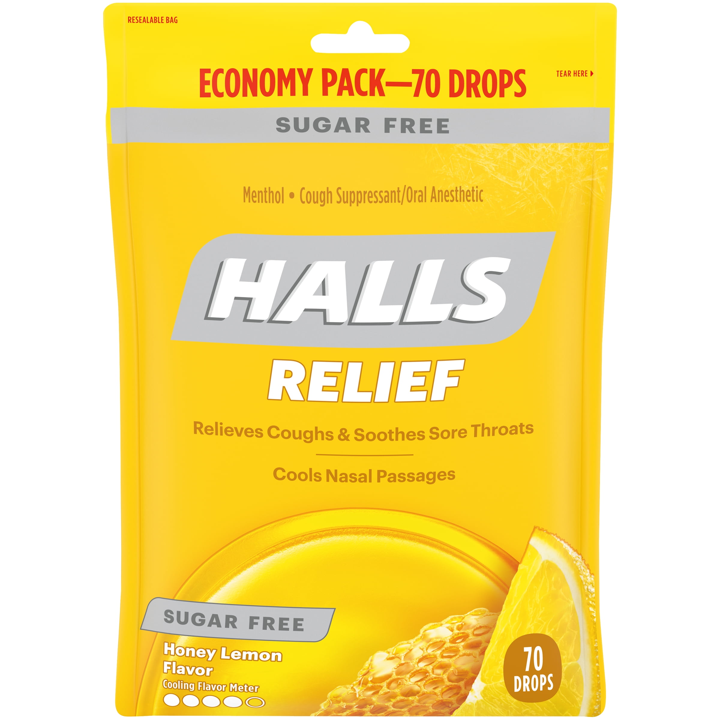 HALLS Relief Honey Lemon Sugar Free Cough Drops, Economy Pack, 70 Drops
