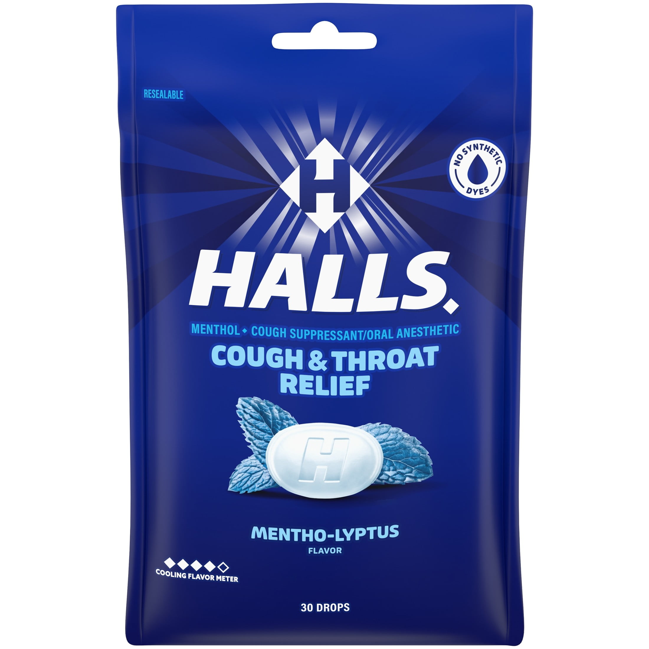 HALLS Cough & Throat Relief Mentho-Lyptus Cough Drops, No Synthetic Dyes, FSA/HSA Eligible, 30 Drops