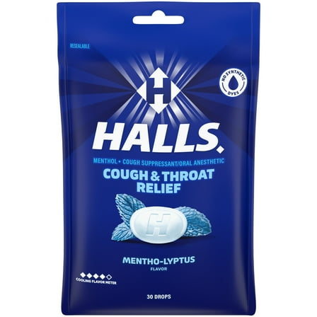 HALLS Cough and Throat Relief Mentho-Lyptus Cough Drops, 30 Drops