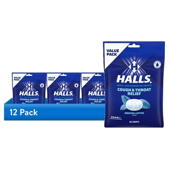 (12 pack) HALLS Cough and Throat Relief Mentho-Lyptus Cough Drops, Value Pack, 80 Drops