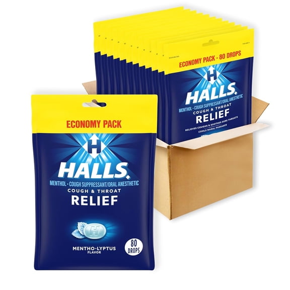 (12 pack) HALLS Cough and Throat Relief Mentho-Lyptus Cough Drops, Value Pack, 80 Drops