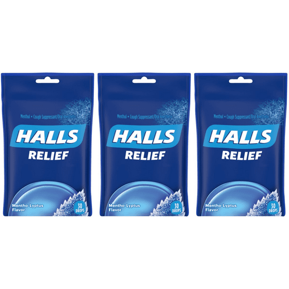 HALLS Relief Menthol Flavor Cough Drops, 30 Drops Per Pack ,90 Drops Total (3 Pack)