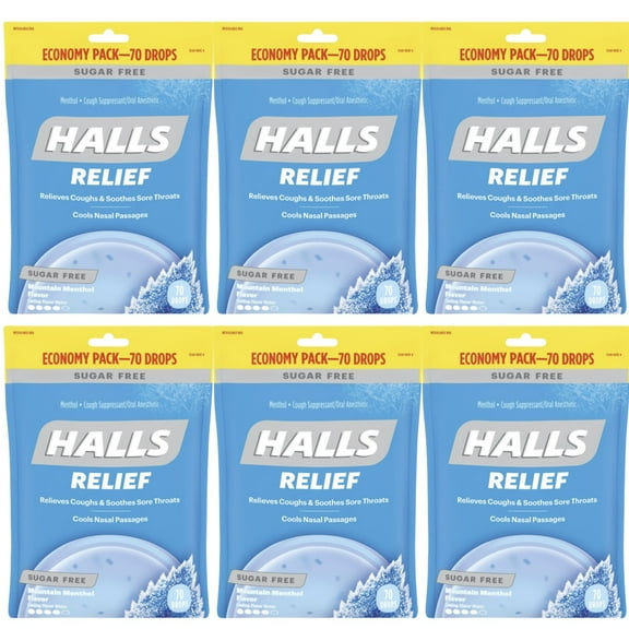 HALLS Relief Mountain Menthol Sugar Free Cough Drops, Economy Pack, 70 Drops - PACK 6