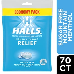 HALLS Cough and Throat Relief Mountain Menthol Sugar Free Cough Drops, No Synthetic Dyes, FSA/HSA Eligible, Value Pack, 70 Drops