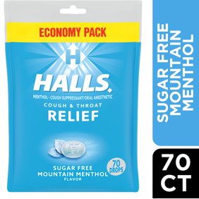 HALLS Cough and Throat Relief Mountain Menthol Sugar Free Cough Drops, No Synthetic Dyes, FSA/HSA Eligible, Value Pack, 70 Drops