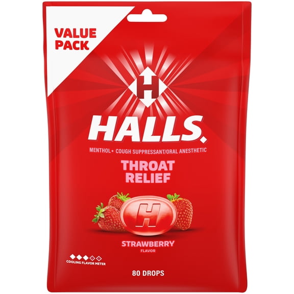 HALLS Throat Relief Strawberry Cough Drops, FSA/HSA Eligible, Value Pack, 80 Drops
