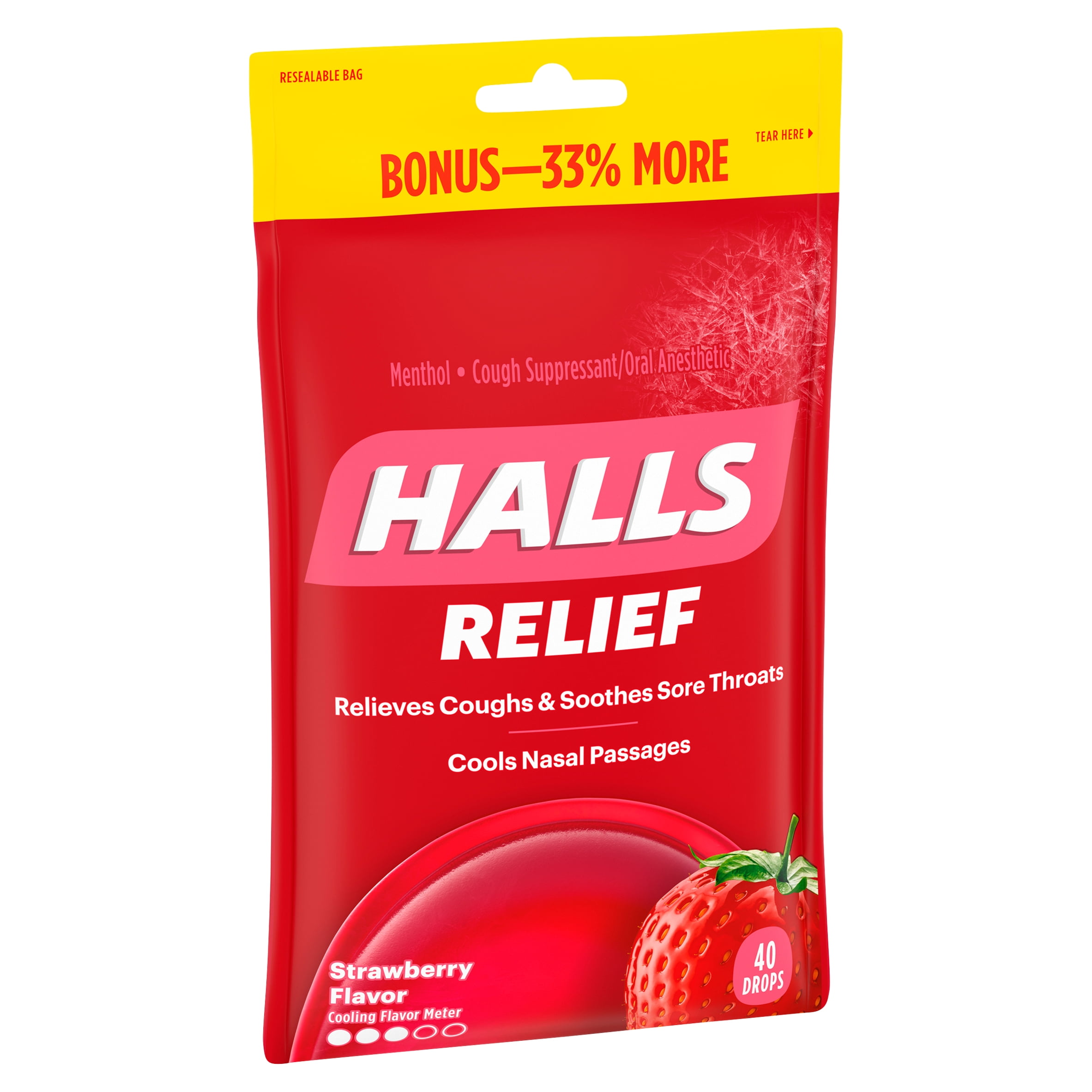 HALLS Relief Strawberry Flavor Sugar Free Cough Drops, 1 Bag (40 Total Drops)