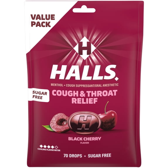 HALLS Cough & Throat Relief Black Cherry Sugar Free Cough Drops, Value Pack, 70 Drops