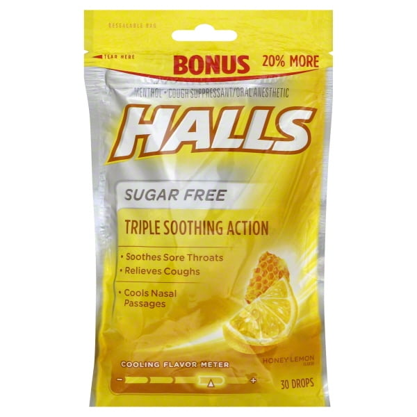 HALLS Relief Sugar Free Honey Lemon Flavor Cough Drops, 1 Bag (30 Total Drops)