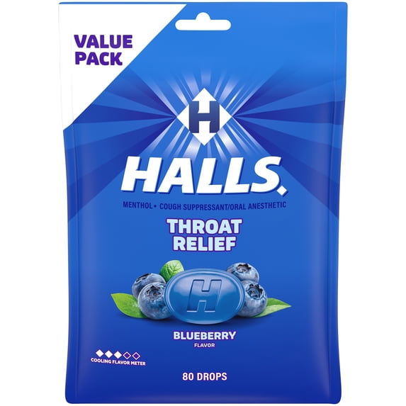 HALLS Throat Relief Blueberry Cough Drops, FSA/HSA Eligible, Value Pack, 80 Drops