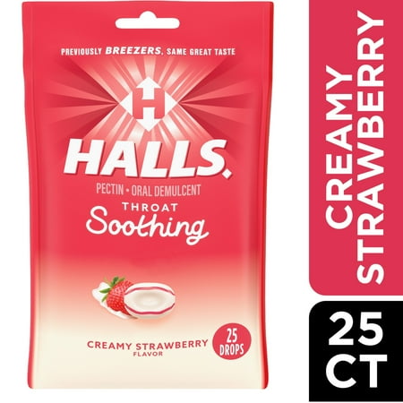 HALLS Throat Soothing (Previously HALLS Breezers) Creamy Strawberry Throat Drops, 25 Drops