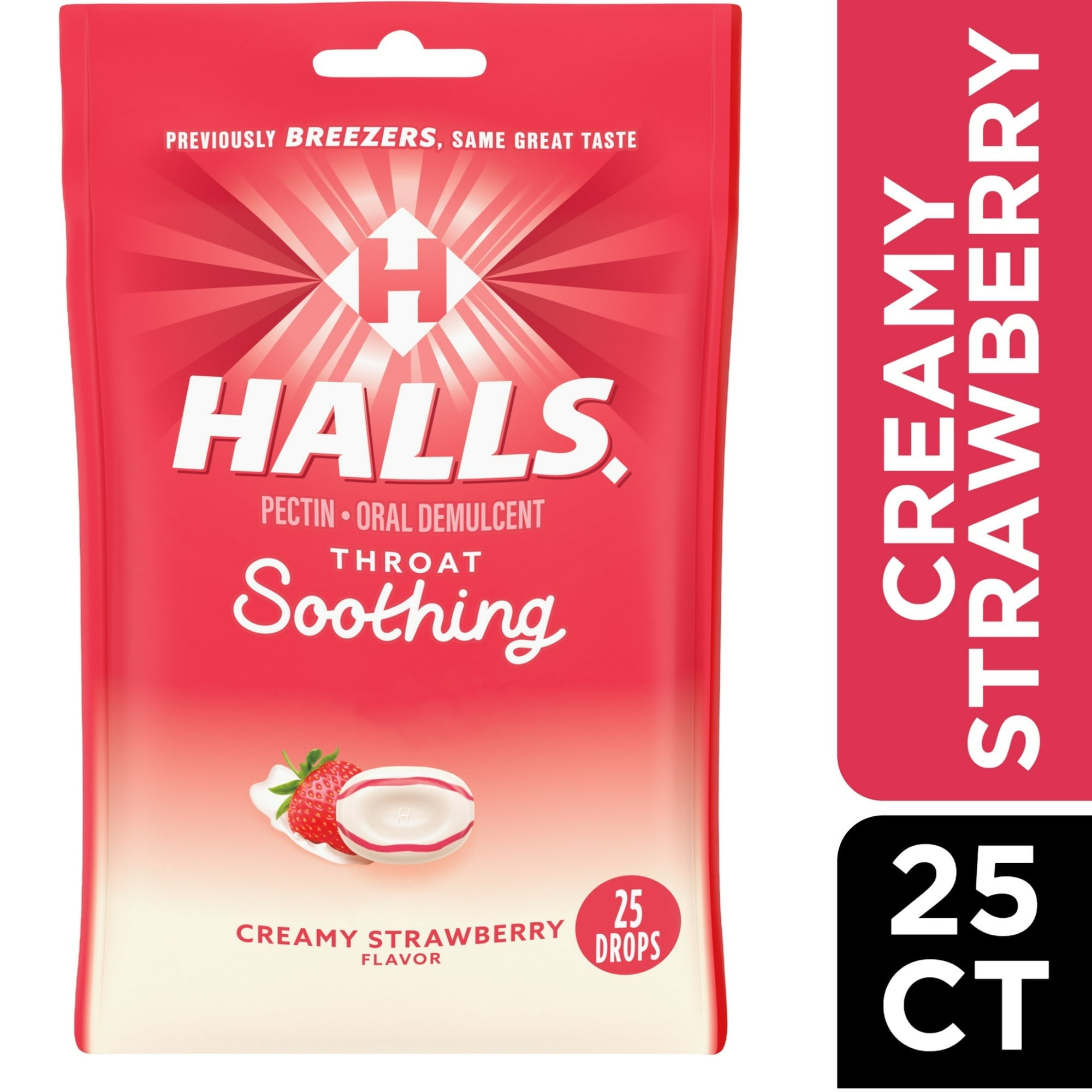 HALLS Throat Soothing (Formerly HALLS Breezers) Creamy Strawberry Throat Drops, 25ct Drops