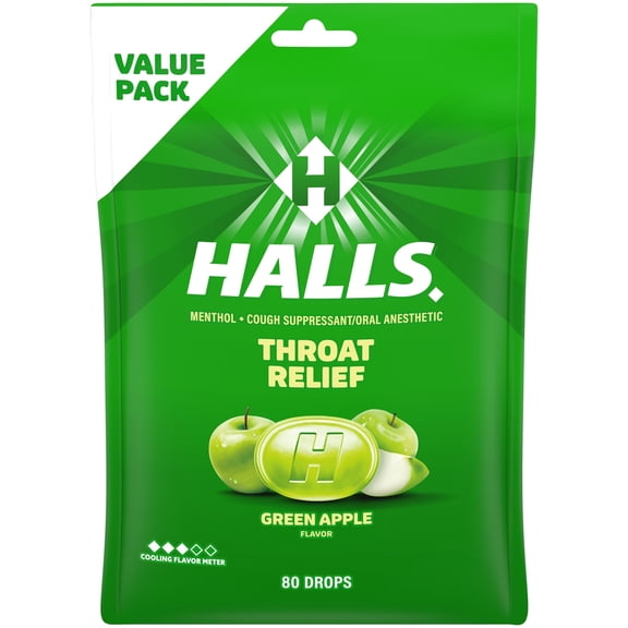 HALLS Throat Relief Green Apple Cough Drops, FSA/HSA Eligible, Value Pack, 80 Drops