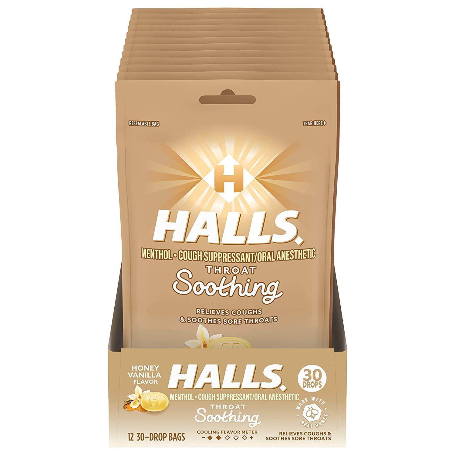 HALLS Throat Soothing Honey Vanilla Cough Drops, 12 Bags of 30 Drops