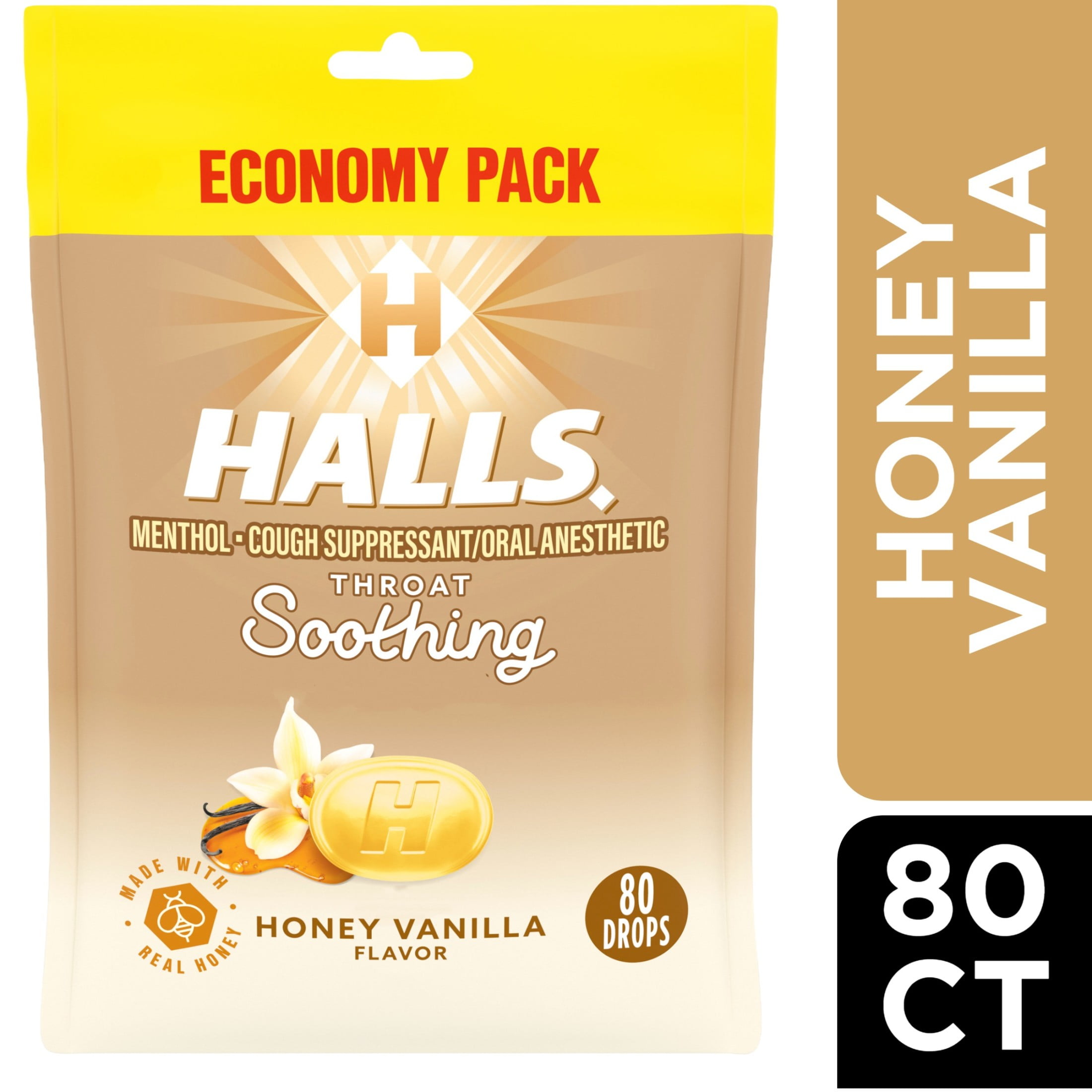 HALLS Throat Soothing Honey Vanilla Cough Drops, Economy Pack, 80 Drops